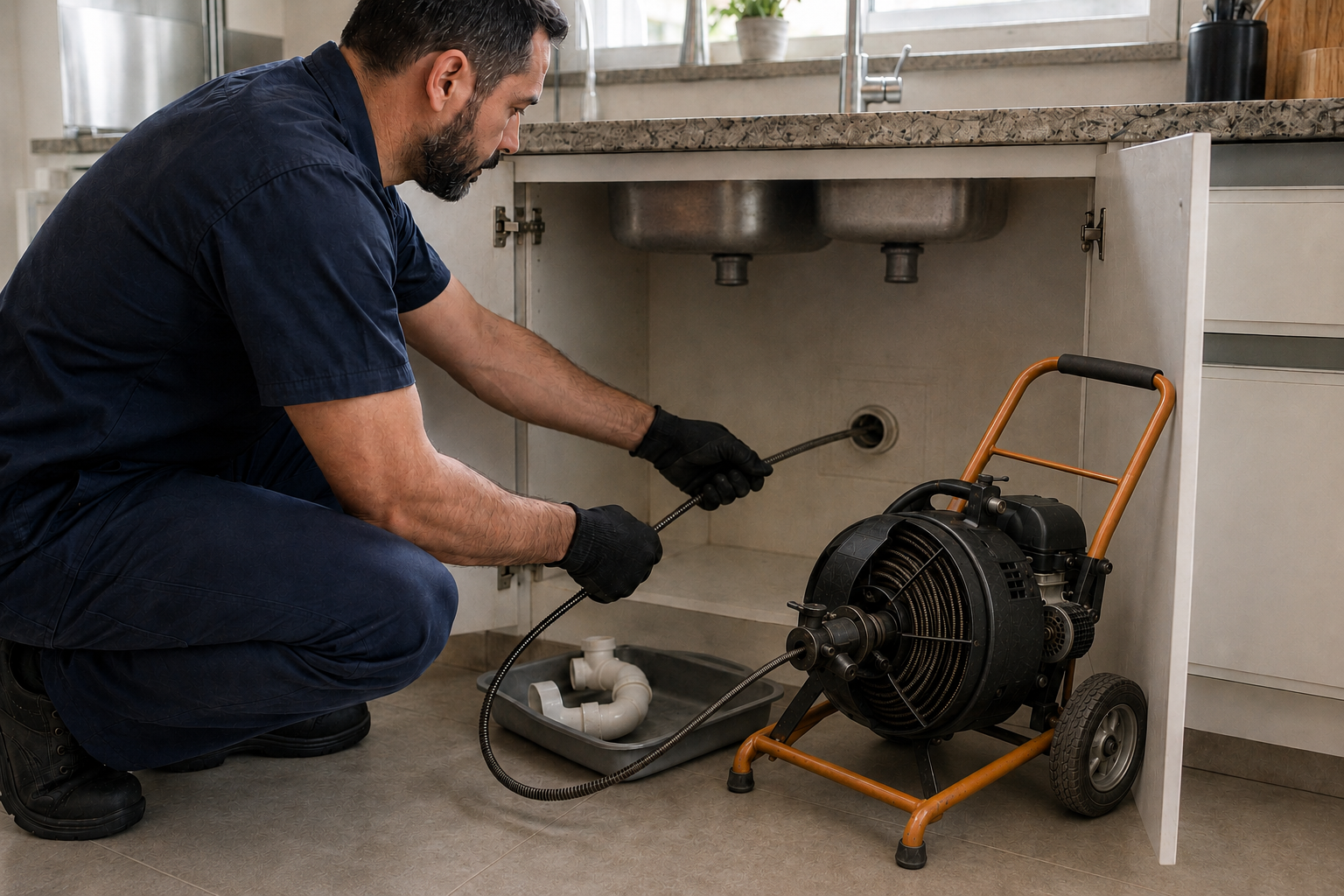 Técnico utilizando máquina profissional para desentupir a tubulação de uma pia